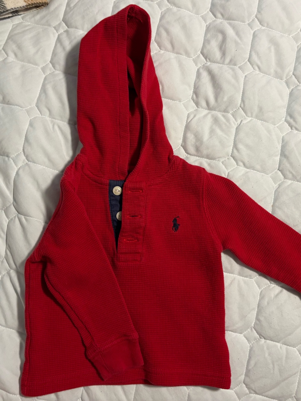 Ralph Lauren Red Hooded Waffle-Knit Pullover with Navy Pony Accent